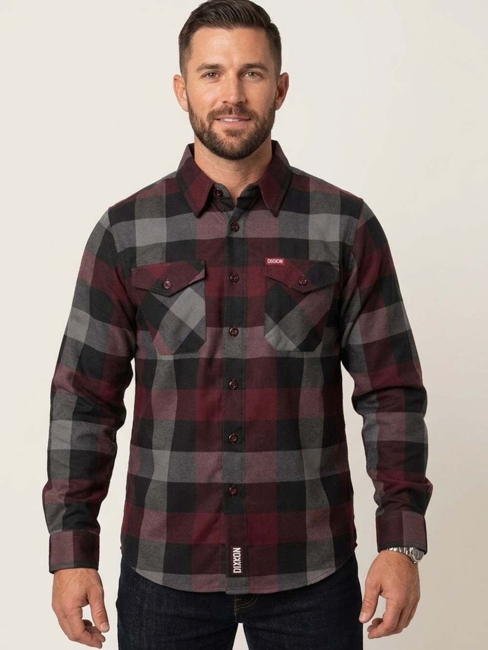 DIXXON Men's Burgundy Black Gray‎ Plaid Button-Down Shirt